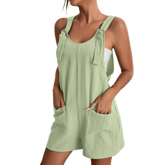 SUYOLL Women Romper Tie Shoulder Solid Color Overall Shorts Scoop Neck with Pockets Soft Breathable Casual Athleisure