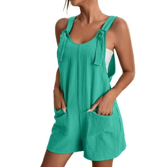 SUYOLL Women Romper Tie Shoulder Solid Color Overall Shorts Scoop Neck with Pockets Soft Breathable Classic Versatile Overalls
