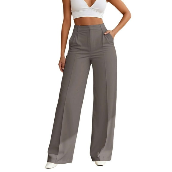 SUYOLL Women'S Casual Pants High Waist Straight Leg Solid Color with Pocket Wide-Leg Soft Breathable Daily Wear Work Trousers