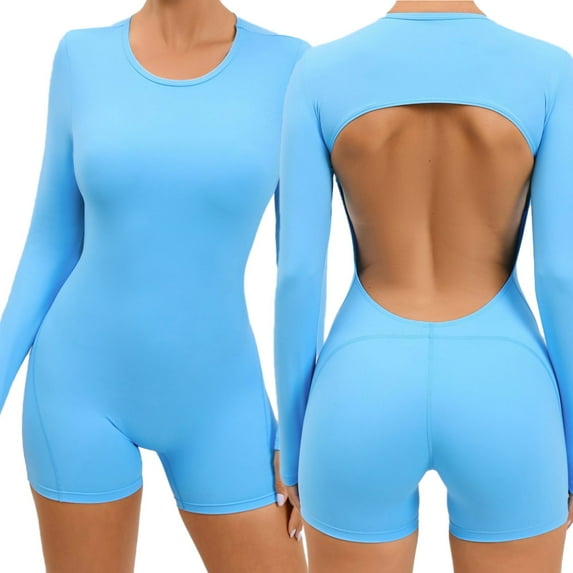 SUYOLL Women'S Romper Long Sleeve Solid Color Yoga Sport Activewear Crisscross Backless Romper Classic Versatile Overalls