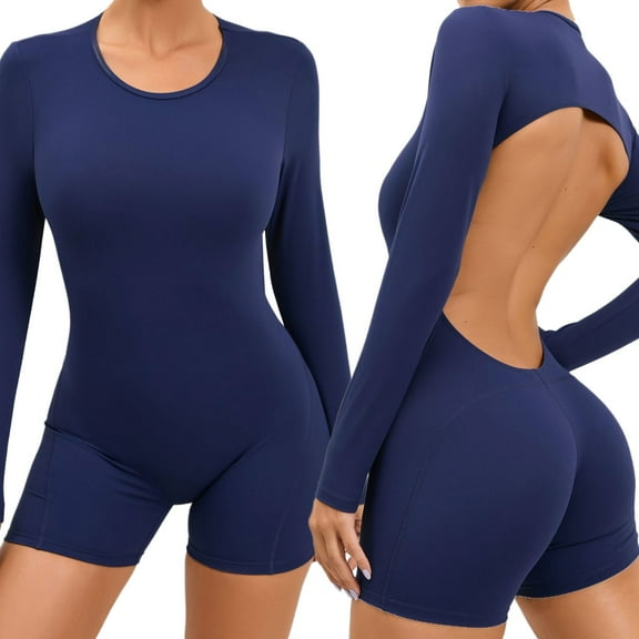 SUYOLL Women'S Romper Long Sleeve Solid Color Yoga Sport Activewear Crisscross Backless Romper Classic Versatile Overalls