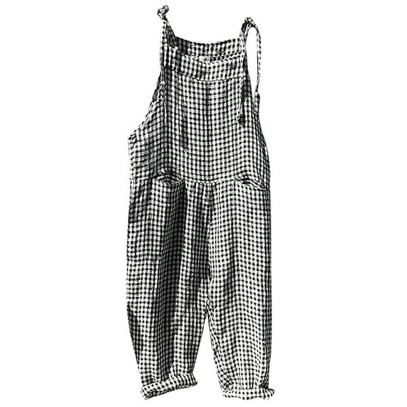 SUYOLL Women Striped Summer Jumpsuits Casual with Pocket Loose Fit Adjustable Strap Sleeveless Striped Checkered Overalls Solid Color Wide Leg Sporty Overalls