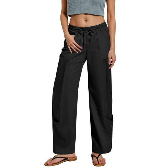 SUYOLL Women Trousers Casual Solid Color Loose Drawstring with Pockets Elastic Waist Long Sporty Pants