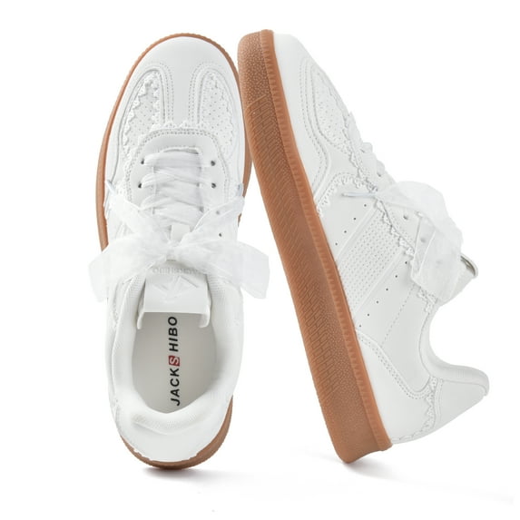 SUYSTEX Women's Ribbon Lace-Up Fashion Sneakers Arch Support Gum Sole Walking Shoes with Memory Foam