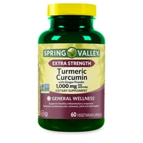 Spring Valley Extra Strength Turmeric Curcumin Dietary Supplement Vegetarian Capsules for General Wellness, 1000 mg, 60 Count