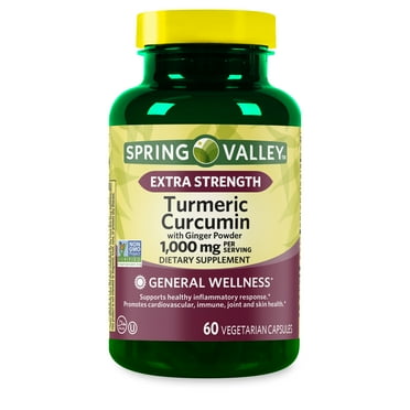 Spring Valley Extra Strength Turmeric Curcumin Dietary Supplement Vegetarian Capsules for General Wellness, 1000 mg, 60 Count
