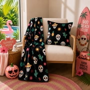 Summerween Oversize Super Soft Plush Throw Blankets, Summer Patio Pool Halloween Throws, FIESTA SKULLS
