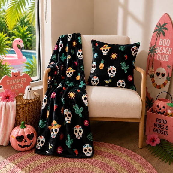 Summerween Oversize Super Soft Plush Throw Blankets, Summer Patio Pool Halloween Throws, FIESTA SKULLS