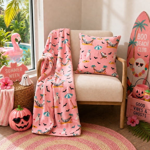 Summerween Oversize Super Soft Plush Throw Blankets, Summer Patio Pool Halloween Throws, RETIREMENT GHOST