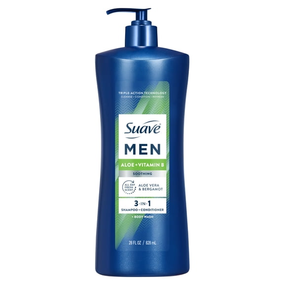Suave Men Soothing 3-in-1 Shampoo, Conditioner & Body Wash, Aloe & Vitamin B, 28 FL OZ