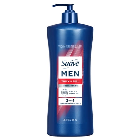 Suave Men Thick & Full Strengthening 2-in-1 Shampoo & Conditioner, Birch & Oakwood Scent, 28 FL OZ