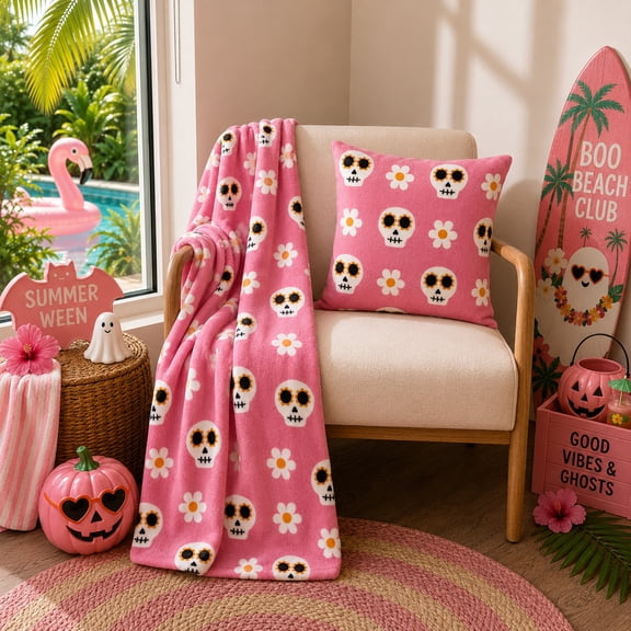 Summerween Oversize Super Soft Plush Throw Blankets, Summer Patio Pool Halloween Throws, DAISY SKULLS