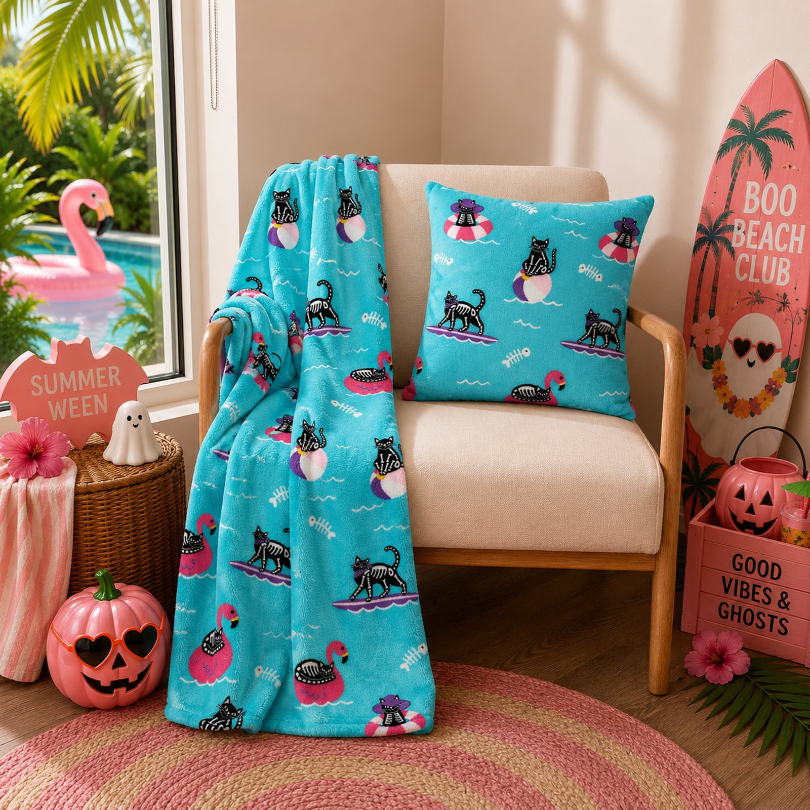 Summerween Oversize Super Soft Plush Throw Blankets, Summer Patio Pool Halloween Throws, SKELETON CATS