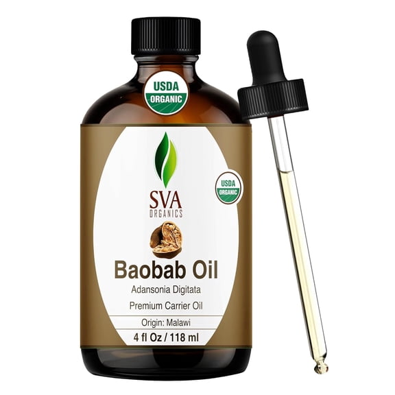 SVA Baobab Seed Oil Organic - 4 Fl Oz 100% Natural Cold Pressed Organic Baobab Oil - for Face, Skin Care, Hair Care, Scalp Massage & Body Massage Carrier Oil with Dropper