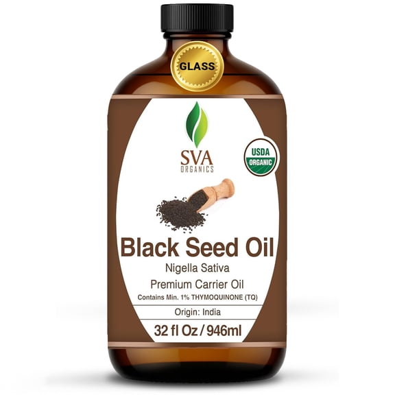 SVA Black Seed Oil Organic - 32 Fl Oz 100% Natural Cold Pressed Organic Black Seed Oil - for Face, Skin Care, Hair Care, Scalp Massage & Body Massage Carrier Oil