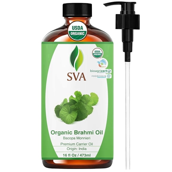 SVA Brahmi Oil Organic - 16 Fl Oz 100% Natural Cold Pressed Organic Brahmi- for Face, Skin Care, Hair Care, Scalp Massage & Body Massage Carrier Oil