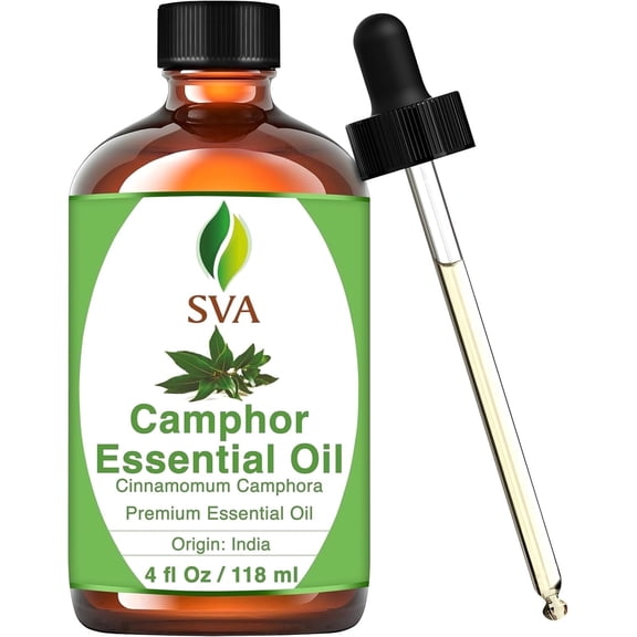 SVA Camphor Essential Oil – 4 Fl Oz – 100% Natural Camphor Oil - for Diffuser, Hair Care, Face, Skin Care, Aromatherapy, Scalp and Body Massage, Soap and Candle Making – with Dropper