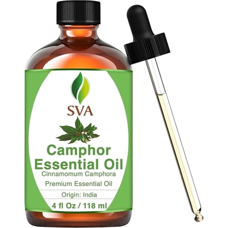 SVA Camphor Essential Oil – 4 Fl Oz – 100% Natural Camphor Oil - for Diffuser, Hair Care, Face, Skin Care, Aromatherapy, Scalp and Body Massage, Soap and Candle Making – with Dropper