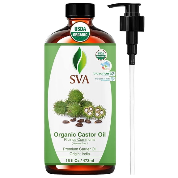 SVA Castor Seed Oil Organic - 16 Fl Oz 100% Natural Cold Pressed Organic Castor Oil - for Face, Skin Care, Hair Care, Scalp Massage & Body Massage with Pump