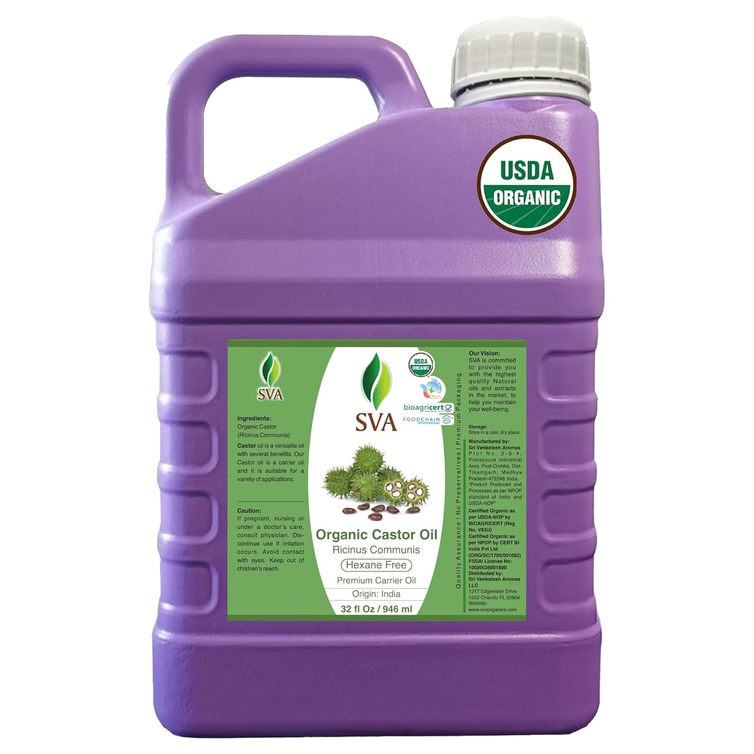 SVA Castor Seed Oil Organic - 32 Fl Oz – 100% Natural Cold Pressed Organic Castor Oil - for Face, Skin Care, Hair Care, Scalp Massage & Body Massage