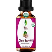 SVA Clary Sage Essential Oil Organic   1/3 Fl Oz   100% Natural Organic Clary Sage Oil - for Diffuser, Hair Care, Face, Skin Care, Aromatherapy, Scalp and Body Massage, Soap and Candle Making