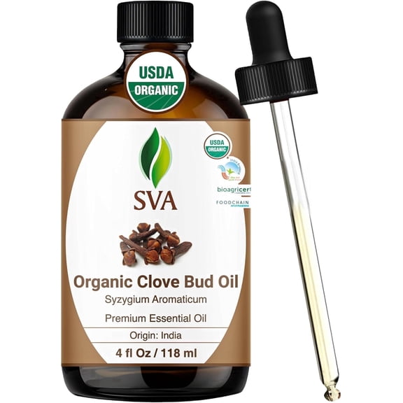 SVA Clove Essential Oil Organic – 4 Fl Oz – 100% Natural Organic Clove Oil - for Diffuser, Hair Care, Face, Skin Care, Aromatherapy, Scalp and Body Massage, Soap and Candle Making - with Dropper