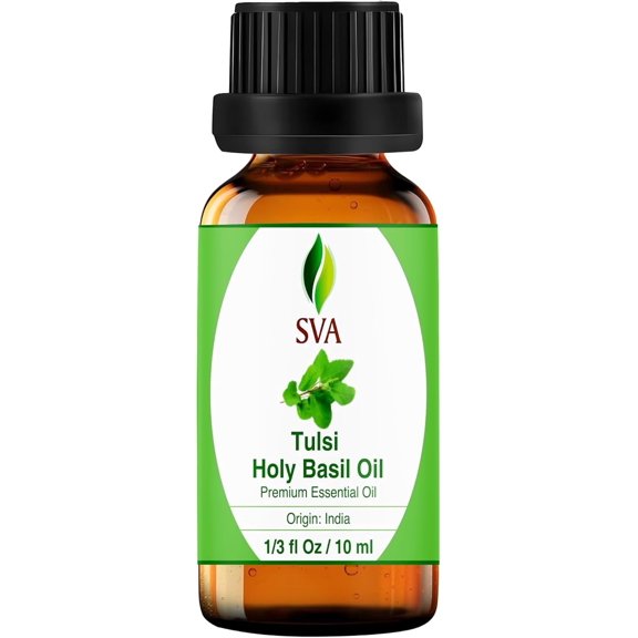SVA Holy Tulsi Essential Oil 1/3 Fl Oz 100% Natural Tulsi Oil - for Diffuser, Hair Care, Face, Skin Care, Aromatherapy, Scalp and Body Massage, Soap and Candle Making