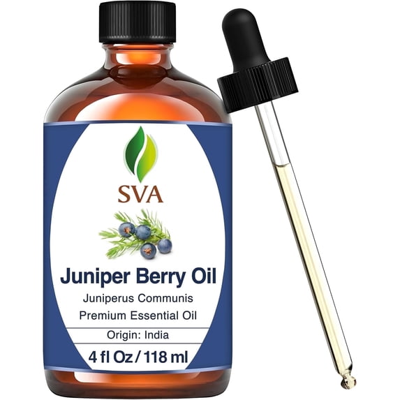 SVA Juniper Berry Essential Oil – 4 Fl Oz – 100% Natural Juniper Oil - for Diffuser, Hair Care, Face, Skin Care, Aromatherapy, Scalp and Body Massage, Soap and Candle Making – with Dropper