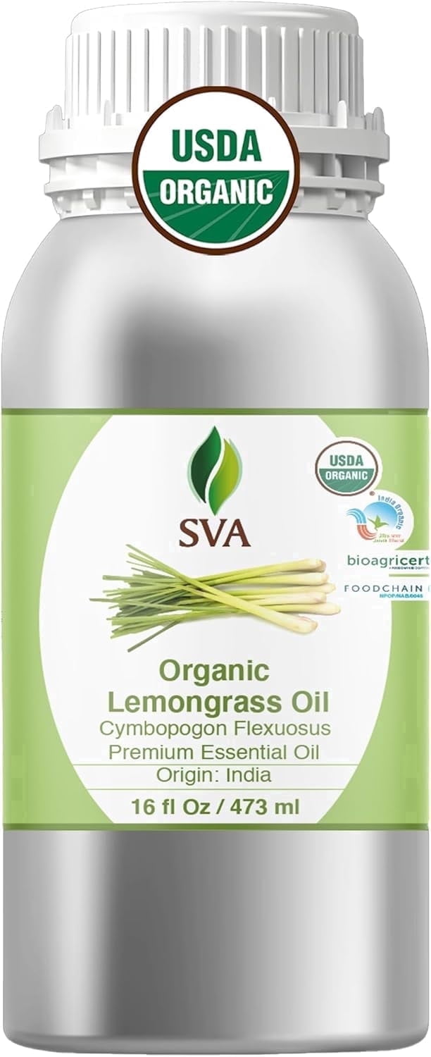 SVA Lemongrass Essential Oil Organic – 16 Fl Oz – 100% Natural Organic Lemongrass Oil for Hair, Face, Skin Care, Diffuser, Aromatherapy, Scalp, Body Massage, Soap and Candle Making
