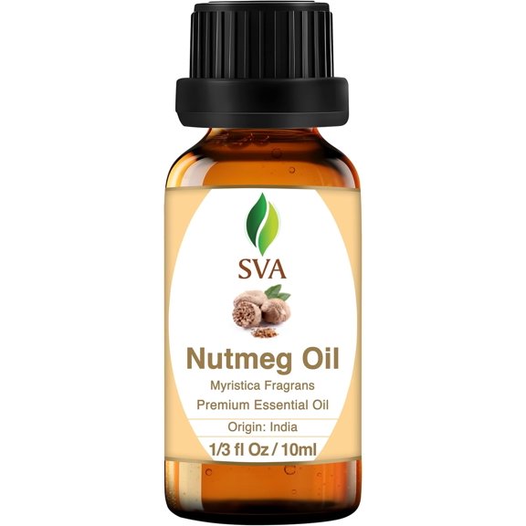 SVA Nutmeg Essential Oil 1/3 Fl Oz 100% Natural Nutmeg Oil - for Diffuser, Hair Care, Face, Skin Care, Aromatherapy, Scalp and Body Massage, Soap and Candle Making