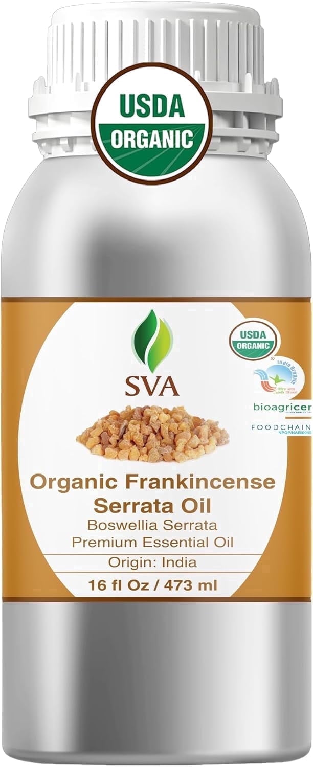 SVA Organic Frankincense Essential Oil – 16 Fl Oz – 100% Natural Boswellia Serrata Oil - for Diffuser, Hair Care, Face, Skin Care, Aromatherapy, Scalp and Body Massage, Soap and Candle Making