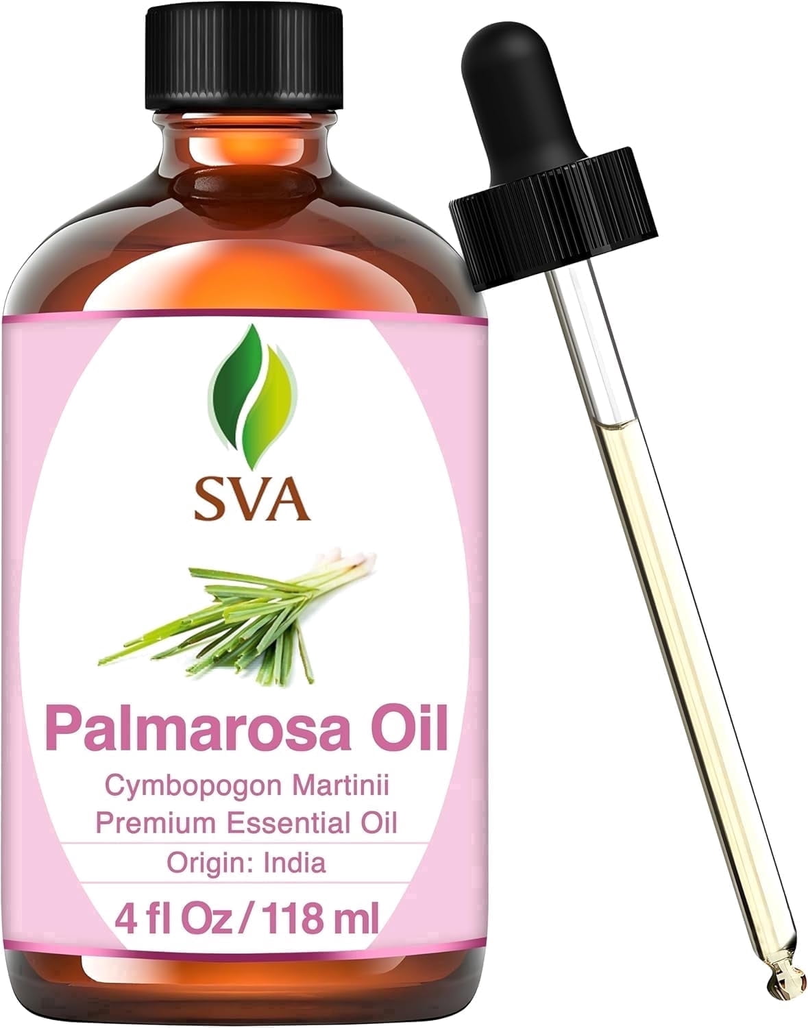 SVA Palmarosa Essential Oil – 4 Fl Oz – 100% Natural Palmarosa Oil - for Diffuser, Hair Care, Face, Skin Care, Aromatherapy, Scalp and Body Massage, Soap and Candle Making – with Dropper