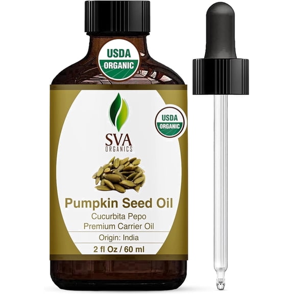 SVA Pumpkin Seed Oil Organic - 2 Fl Oz 100% Natural Cold Pressed Pumpkin Seed Oil - for Face, Skin Care, Hair Care, Scalp Massage & Body Massage - with Dropper