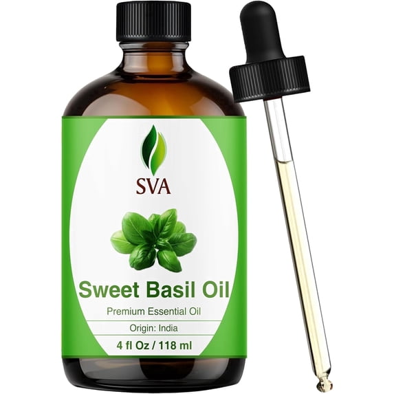 SVA Sweet Basil Essential Oil – 4 Fl Oz – 100% Natural Basil Oil - for Diffuser, Hair Care, Face, Skin Care, Aromatherapy, Scalp and Body Massage, Soap and Candle Making – with Dropper