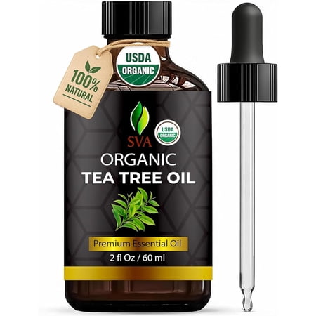 SVA Tea Tree Essential Oil Organic – 2 Fl Oz – 100% Natural Organic Tea Tree Oil - for Diffuser, Hair, Face, Skin Care, Aromatherapy, Scalp and Body Massage, Soap and Candle Making - with Dropper