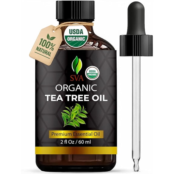 SVA Tea Tree Essential Oil Organic – 2 Fl Oz – 100% Natural Organic Tea Tree Oil - for Diffuser, Hair, Face, Skin Care, Aromatherapy, Scalp and Body Massage, Soap and Candle Making - with Dropper
