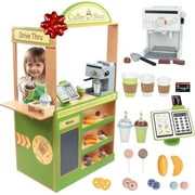 SVAN Coffee Shop Wooden Playset - Drive Thru Window Fun - 25 Pieces, Includes Frappuccino w Straws, Espresso Maker, Bread, Pastries, and more!