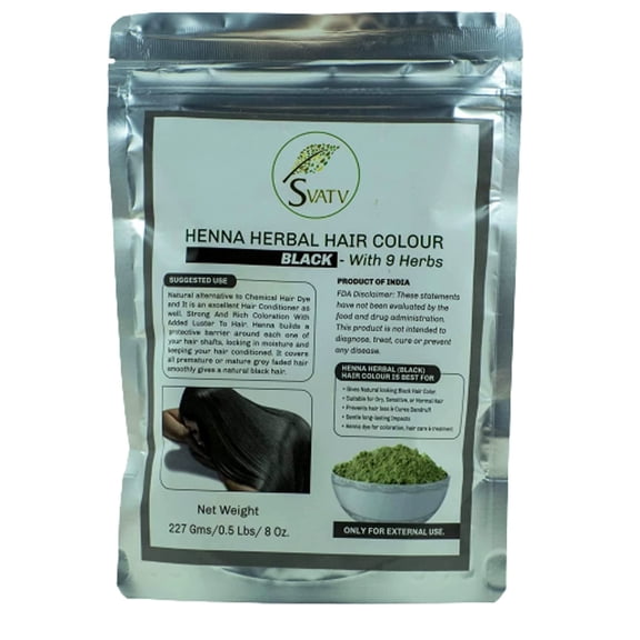 SVATV Black Henna Hair Colour with Goodness of 9 Herbs | Black Henna Mehndi for Hair, Make Hair Soft & Shiner Natural Hair Color for Men & Women 227g ,08oz