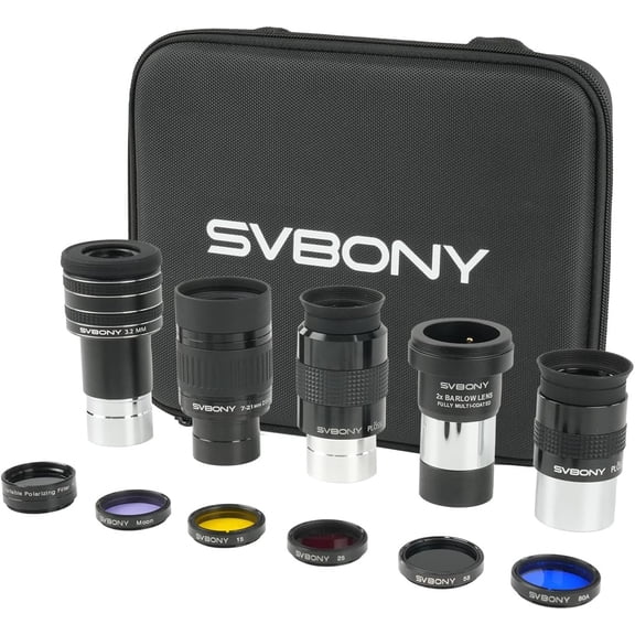 SVBONY SV233 12 Piece Telescope Accessory Kit 3.2mm Ultra-Wide Angle Planetary Eyepiece, SPL25/32mm Eyepieces 7-21mm Zoom Eyepiece, 2X Barlow Lens, LRGB Filters Moon Filter Variable Polarizer Filter