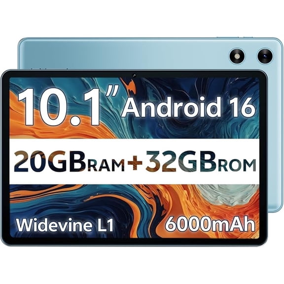 SVITOO Android Tablet 10 Inch, Android 16 Tablet, 20GB RAM 32GB Storage 1TB Expandable, Dual Cameras 8MP 2MP, 6000mAh Dual Speakers WiFi 6, Blue