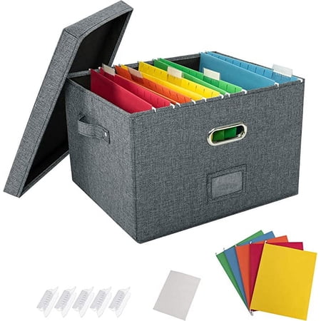 File Box with 5 Hanging Filing Folders, Document Organizer Storage for Office, Collapsible Linen Storage Box with Lids, Home Portable Storage with Handle, Letter Size Legal Folder School Supplies