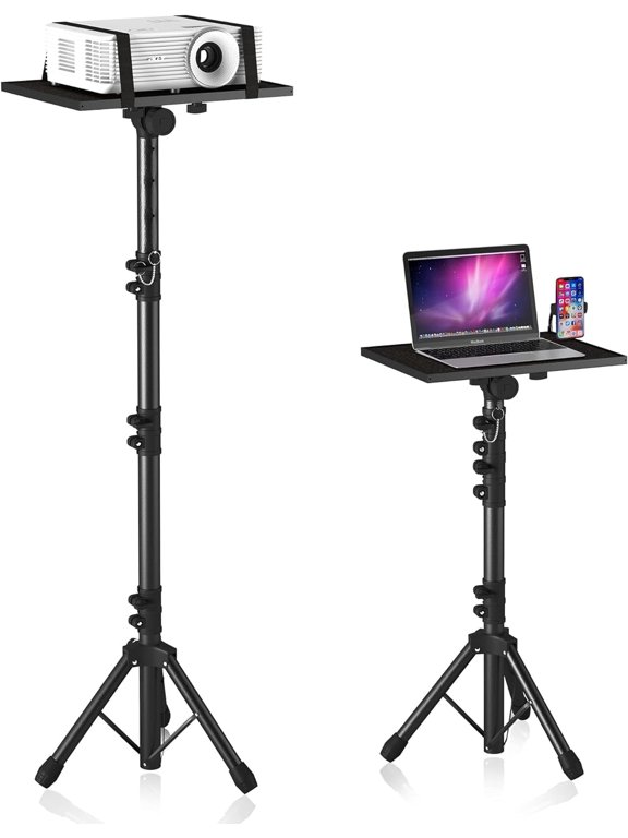 Projector Stand Tripod, Laptop Tripod Stand Adjustable Height from 23.5 to 63.5 inches with Gooseneck Phone Holder, Laptop Floor Stand for Office, Home, Stage, Studio