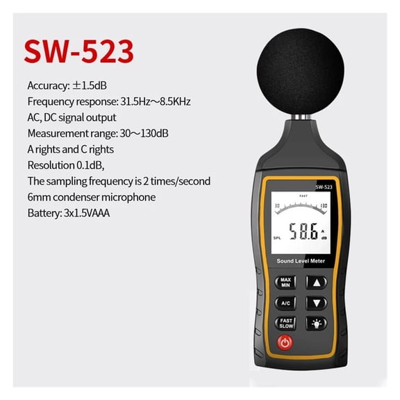 SW-523/524 Decibel Sound Level Meter, Digital Noise Description Meter, 30-130dBA 1.5 DB Accuracy Sound Level Meter Tester