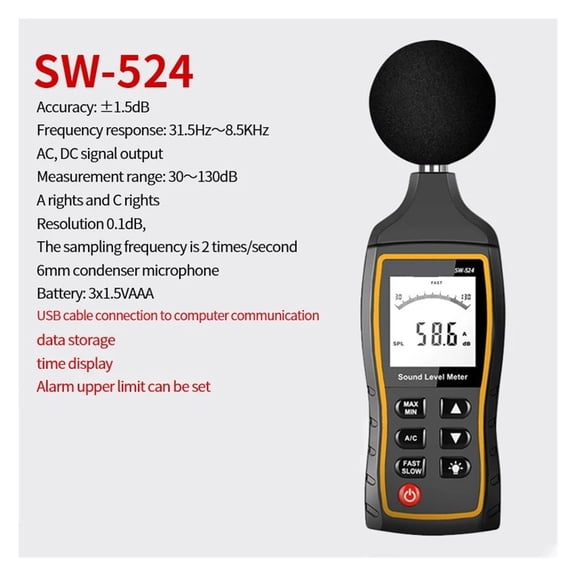 SW-523/524 Digital Decibel Meter,Decibel Meter,30-130dBA 1.5 DB Accuracy Sound Level Meter Tester,Noise Detector