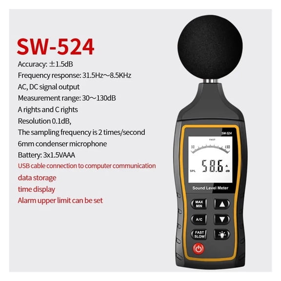 SW-524 Portable Sound Level Meter Digital Handheld DB Meter Noise Level Meter 30-130dB Decibel Monitor