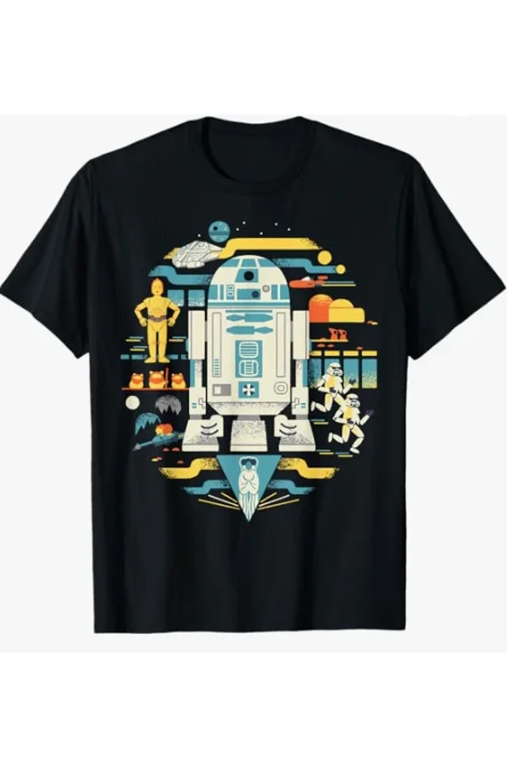 SW Blue Astromech Droid T-Shirt Circle Collage Retro Tin Robot Men Graphic Tee