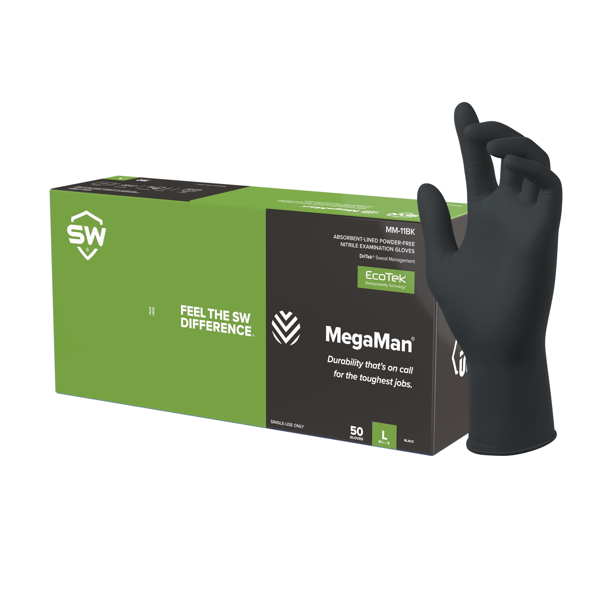 SW EcoTek MegaMan Nitrile Exam Gloves, 10.1mil Thick, Fentanyl & Chemo Drug Rated, Abrasion Resistant, Sweat Absorbing, Lasts 3x longer, Dermatologist Approved, 50 Ct