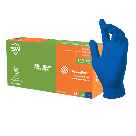 SW PowerForm PF-95BL Blue 6.1mil Nitrile Exam Dry Core Sweat Absorbent Gloves 9.5" Length, 50ct-Large