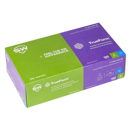 SW TrueForm Royal Blue Large Exam Gloves, Powder Free, 9.5 in Length, Textured Fingers Finish, 3.1 mil, N301343, 100/Box, 10 Boxes