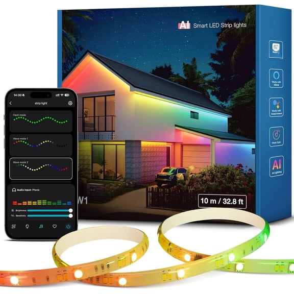 SW1 AI Outdoor Strip Lights - 32.8ft IP65 RGBCW Light Strips, 2700K-5700K Tunable Warm White, APP Control(No Remote), 2.4G Lights for Holiday Decor, House, Porch, Eave